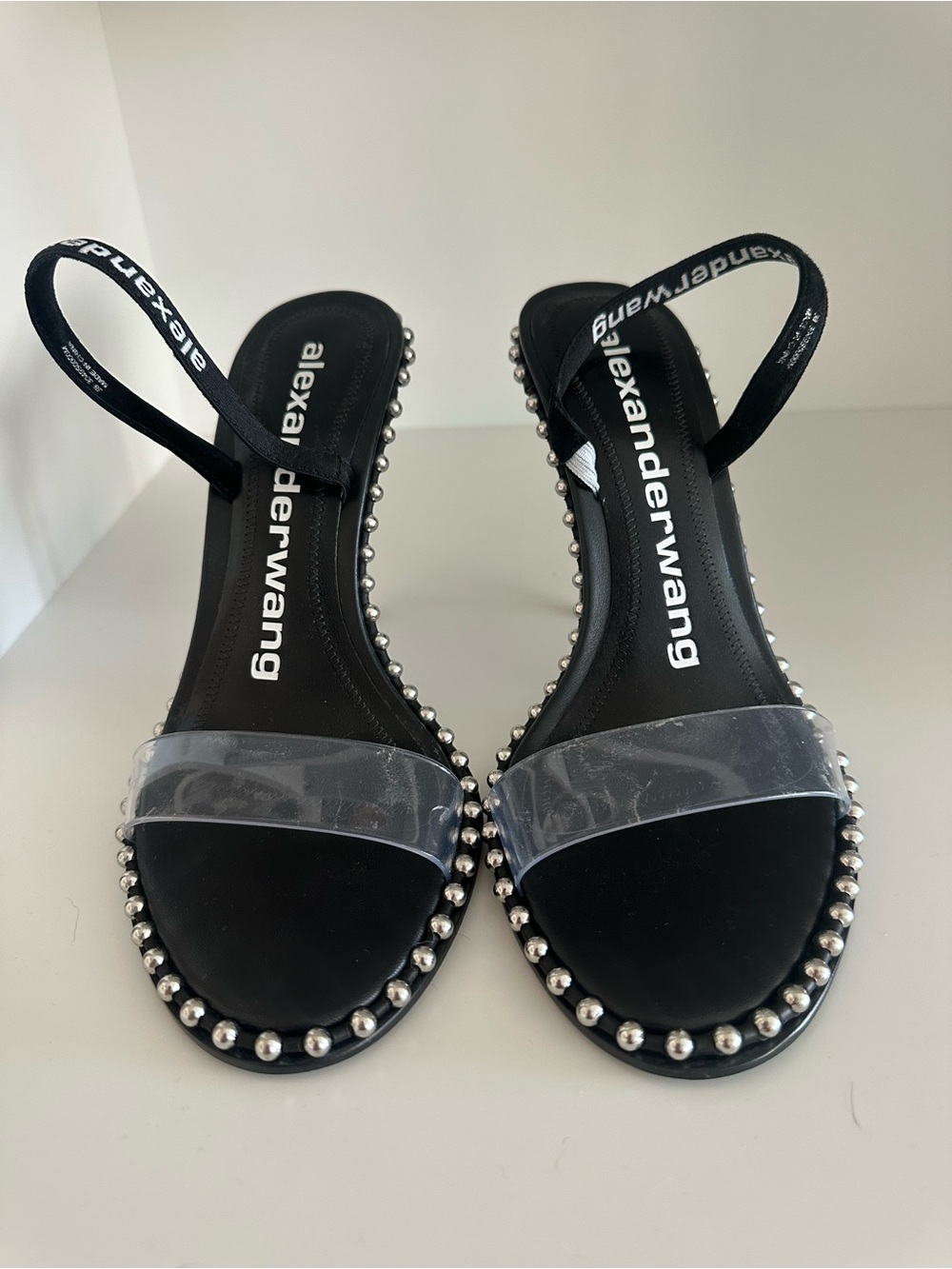 Alexander Wang Black Slingback Sandals with Clear Toe Strap and Silver Studs
